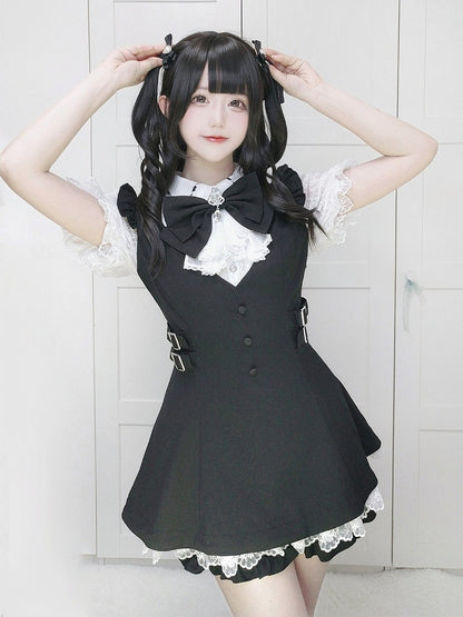 Jabot Black Jirai-Kei Plaid Short Sleeve Gown with Lace Bow Accents + Matching Shorts Set - Puzzles