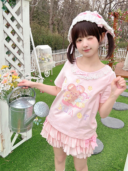 ピンクの伸縮性ウエスト、蝶結び、サイドアクセント、ティアードフリル、ブルマー