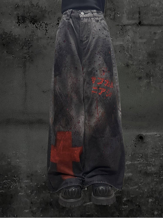 Wide-Leg Jeans with Wash Dark Punk Red Rock Gray Faded Cross and Accents Y2K