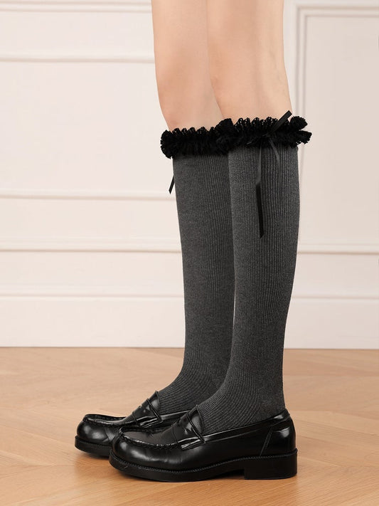 Lace with Pattern Lolita Trim 35CM Colors Striped Decoration Vertical Calf Socks 4 Bow