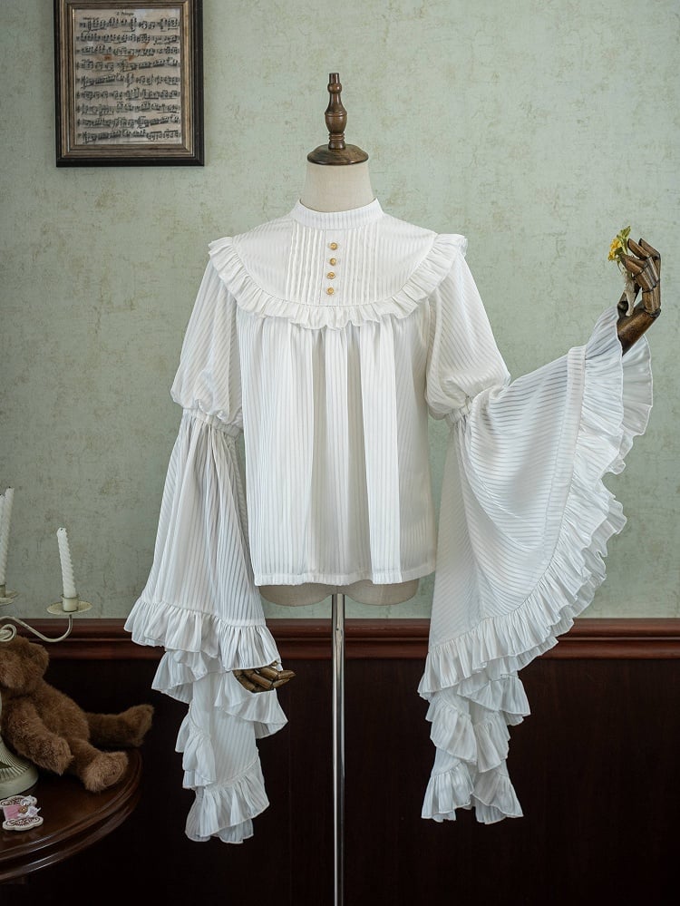 Sleeves Bell Blouse Trim Flounce White Gothic