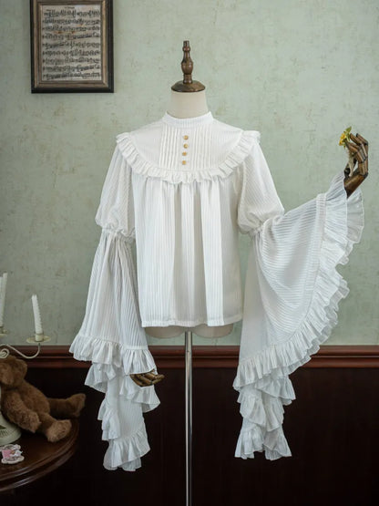 Flounce Bell Sleeves White Blouse Trim Gothic