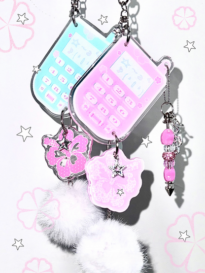 with Glitter Charm Pink Hibiscus Pom-Pon Resin Keychain Phone