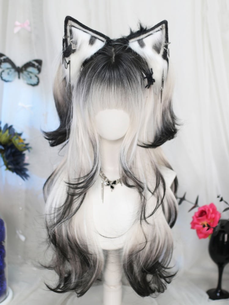 Black and White Ombre Under Bust Length Wig with Full Bangs
