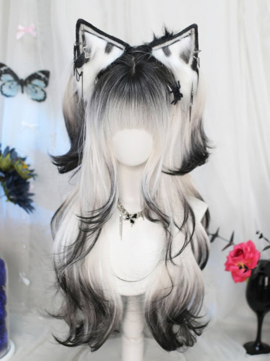 Black and White Ombre Under Bust Length Wig with Full Bangs