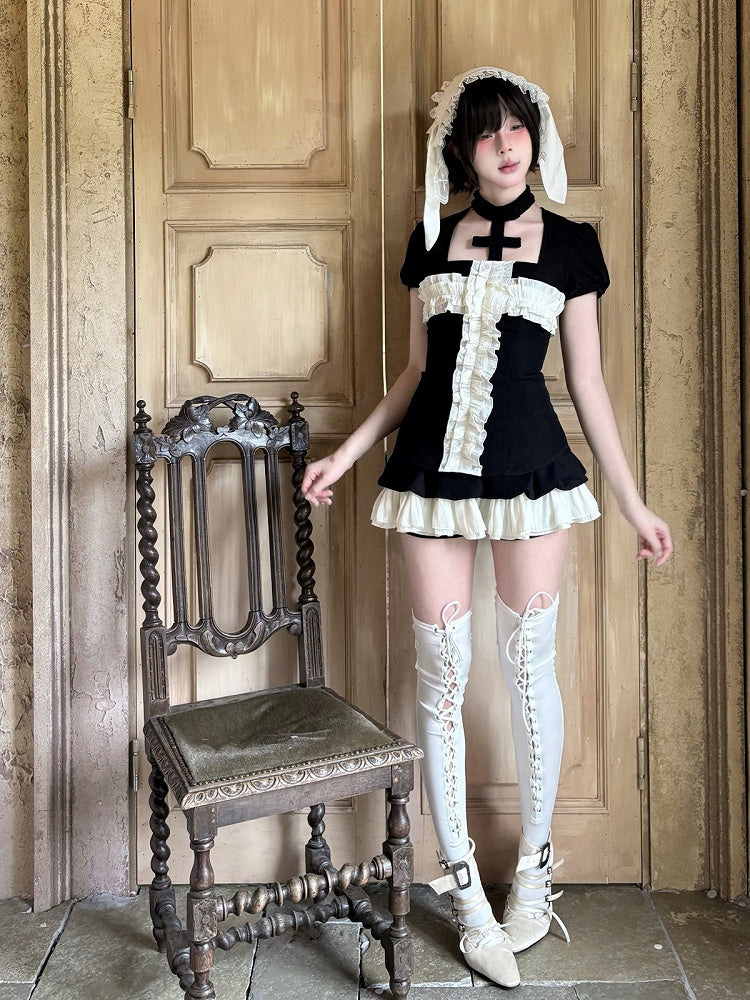 Black & White Ruffle Mini Skirt with Built-In Shorts - Damn Girl