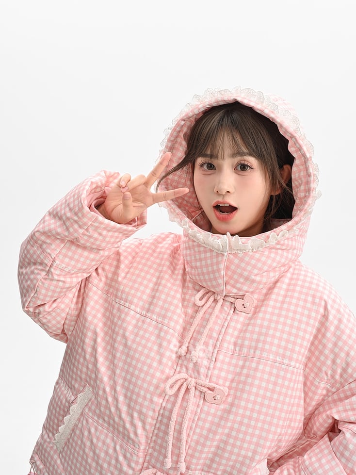 Pink Plaid Hooded Down Sweetheart Button Jacket