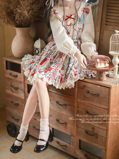 Red with Style Patchwork Long Lolita Blue Showa Dress: Sleeve Belt Sweet Waist Retro