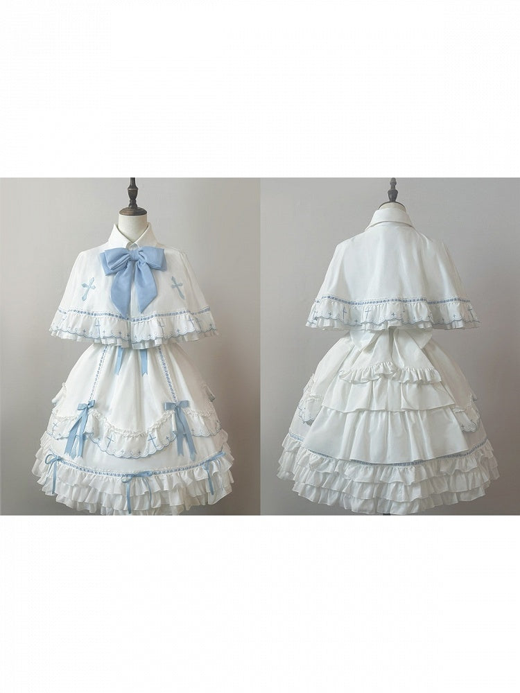 Short Sleeve Sweet Lolita OP with Bow Accent & Ruffle Details in Blue & White - MUYU