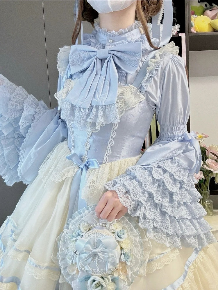 Lace Sleeves Blouse Cotton Bell Gorgeous Layered Lolita Blue