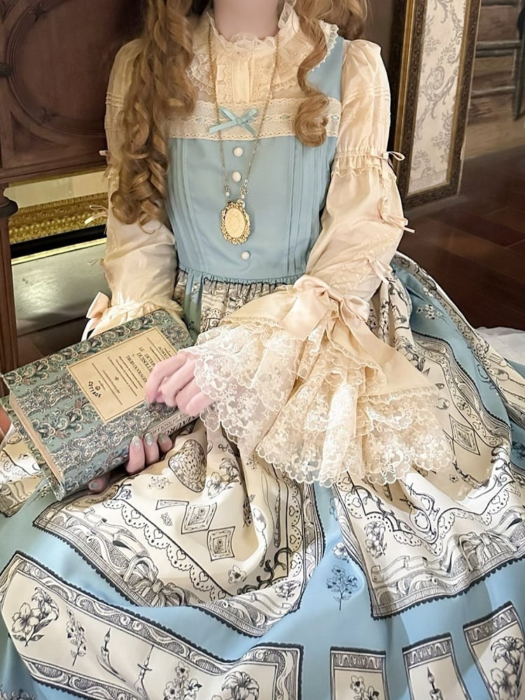 Dress Lolita Blue Print Square Neckline Elegant Classic with