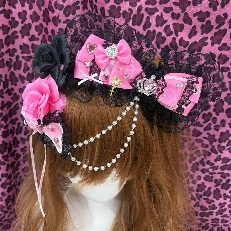 And Heart Two Trim Rhinestone With Hairclips Lace Bead Bowknot BlackPink Chain Decorated Floral Crown Dual