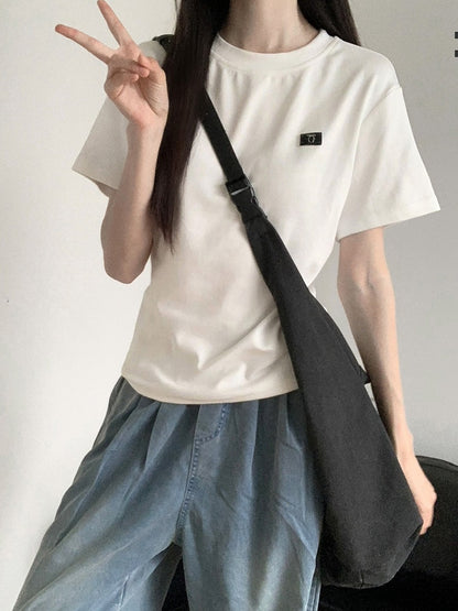 グレー/ホワイト ラウンドネック Tシャツ