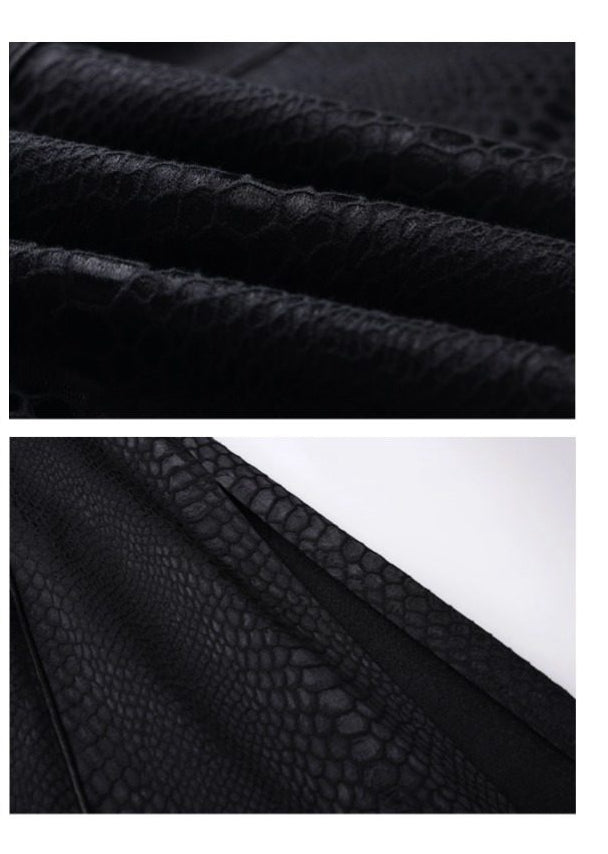 Black Unisex Gothic Snakeskin-Grain Long Coat with False Two-Piece Design & Dual Zips - Wu Xiang Gui Shi