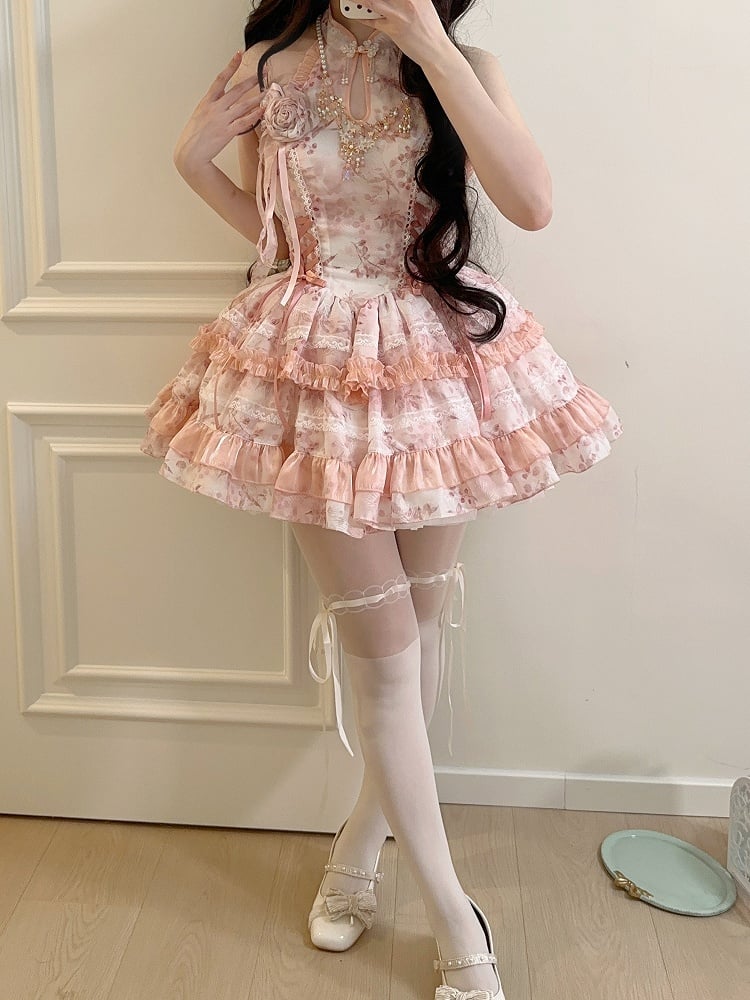 Qipao-Style Floral Halter Details Pattern with Lace Pink Dress Button Lolita Sweet Neck