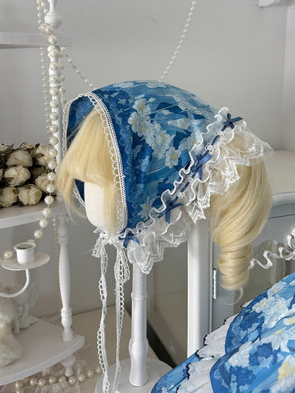 Blue Floral Print Lolita Triangle Scarf with Lace Trim - Flower Ferry Lolita