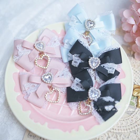 Pink/Black Blue/Dusty White Heart Rhinestone Jirai Kei Bow Hairclips Light