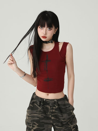 Gothic Wine Red Cross Backless Glamorous Cropped Sleeveless Top