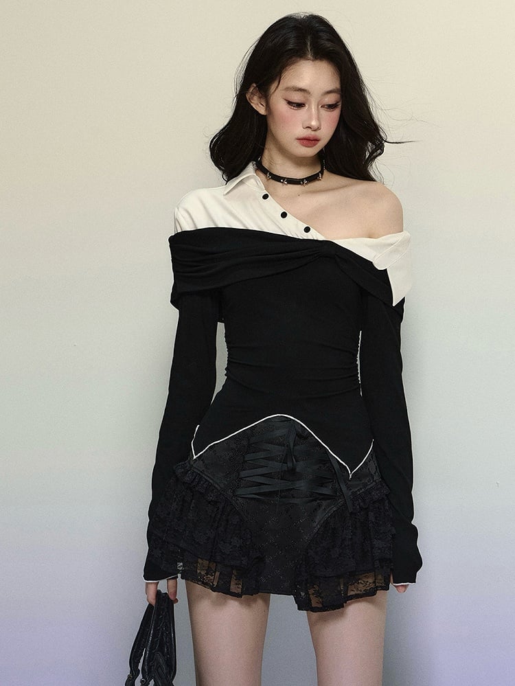 Black and White Fake Two-piece Asymmetrical Neckline Top