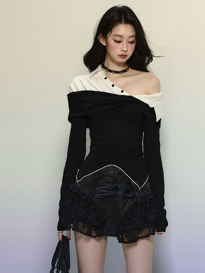 Black and White Fake Two-piece Asymmetrical Neckline Top