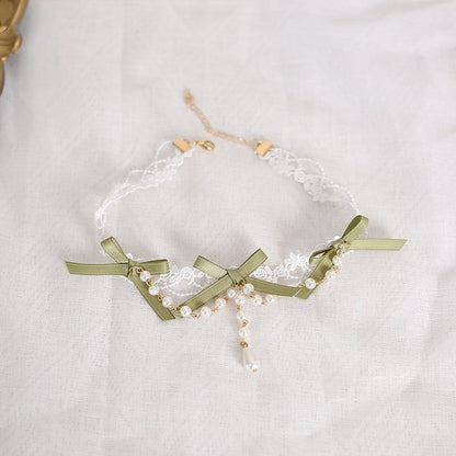 Kette Kei Bowknot Mori Grün Perlen Weiß Mit Sanfter Spitze Choker Lolita