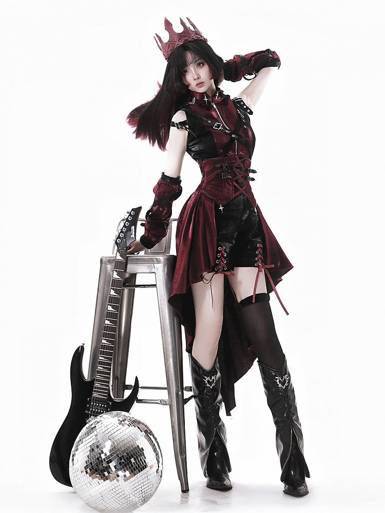 Fashion Red Black Straps Decorated Buckle Punk Sleeves