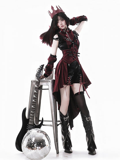 Fashion Red Black Straps Decorated Buckle Punk Sleeves