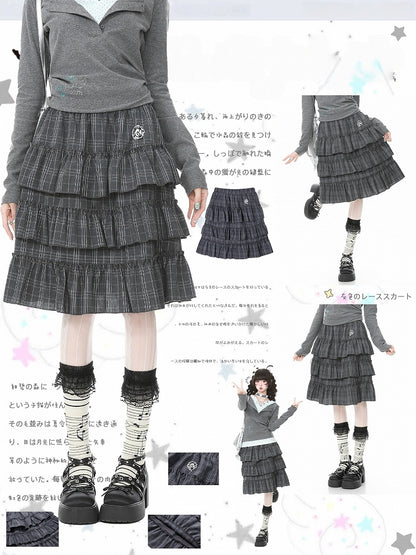 Ruffle Daily Embroidery Plaid Skirt Kawaii With Gray