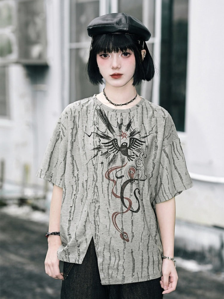 Gray Asymmetrical Short Sleeve T-Shirt with Print & Distress - Quirky Hut