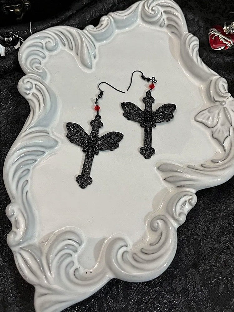 Beaded Moth Gothic Drop Earrings in Black & Silver