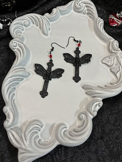 Beaded Moth Gothic Drop Earrings in Black & Silver