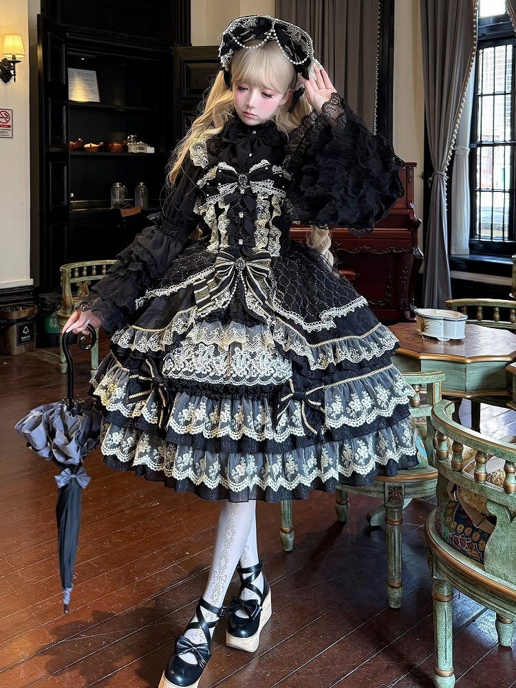 Prinzessinnen-Ausschnitt, Lolita-Kette, wunderschöne Perlen, schwarze Schleife, Blumenkleid