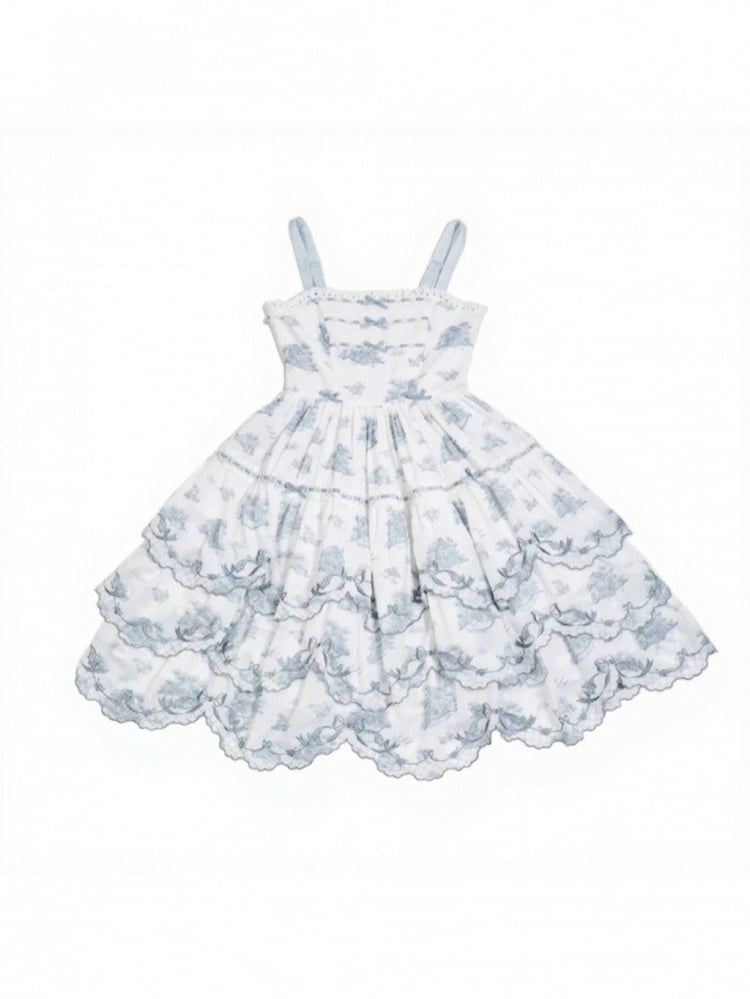 White & Blue Floral Embroidered Lolita Jumper Skirt with Detachable Belt - CEL
