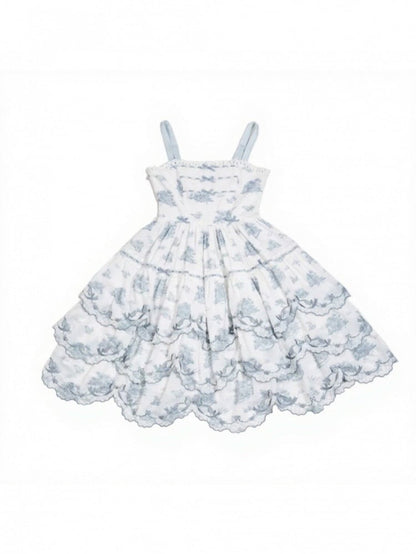 White & Blue Floral Embroidered Lolita Jumper Skirt with Detachable Belt - CEL