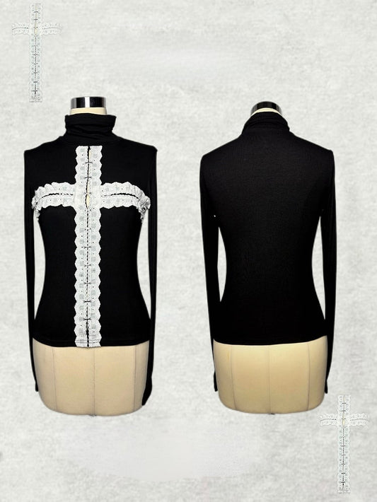 Gothic Sleeves Black Top with Long Options Motif Regular/Thinner High Cross Neck - Decorative