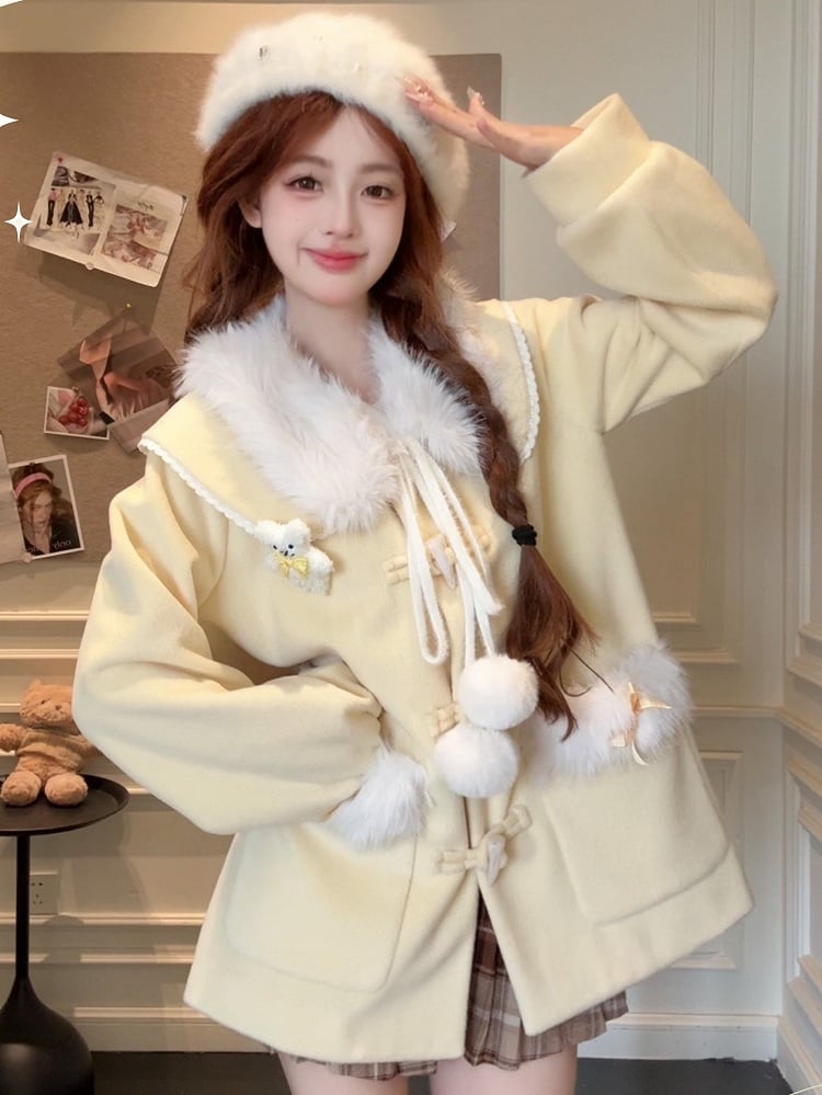 Trim Coat Fur Accents Faux Sweet Lolita and Winter with Pom-Pom Yellow