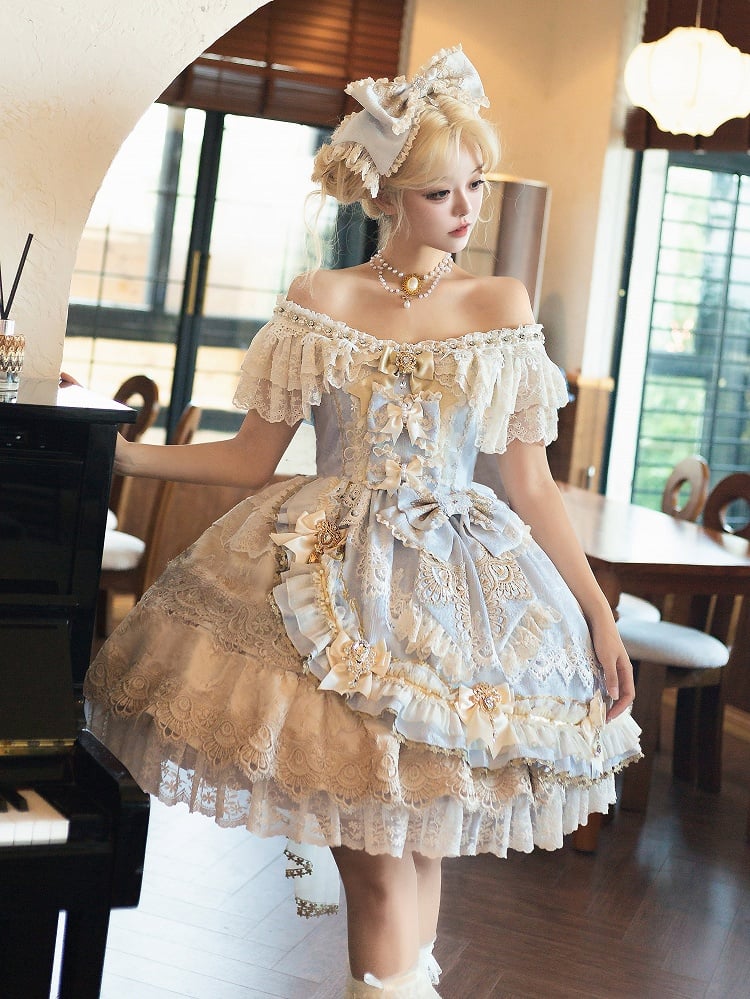 Princess Accents Bow Lolita Bead Blue Rhinestone Dress and