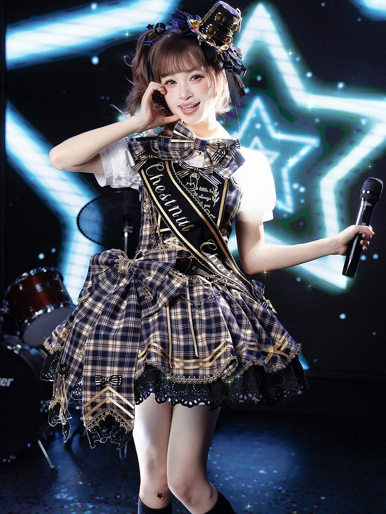 Blue Idol Lolita Plaid JSK Dress with Golden Bear Embroidery and Black Scalloped Hem - LiLi Chain