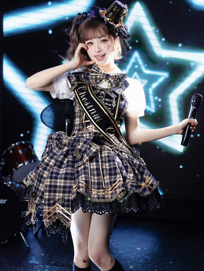 Blue Idol Lolita Plaid JSK Dress with Golden Bear Embroidery and Black Scalloped Hem - LiLi Chain