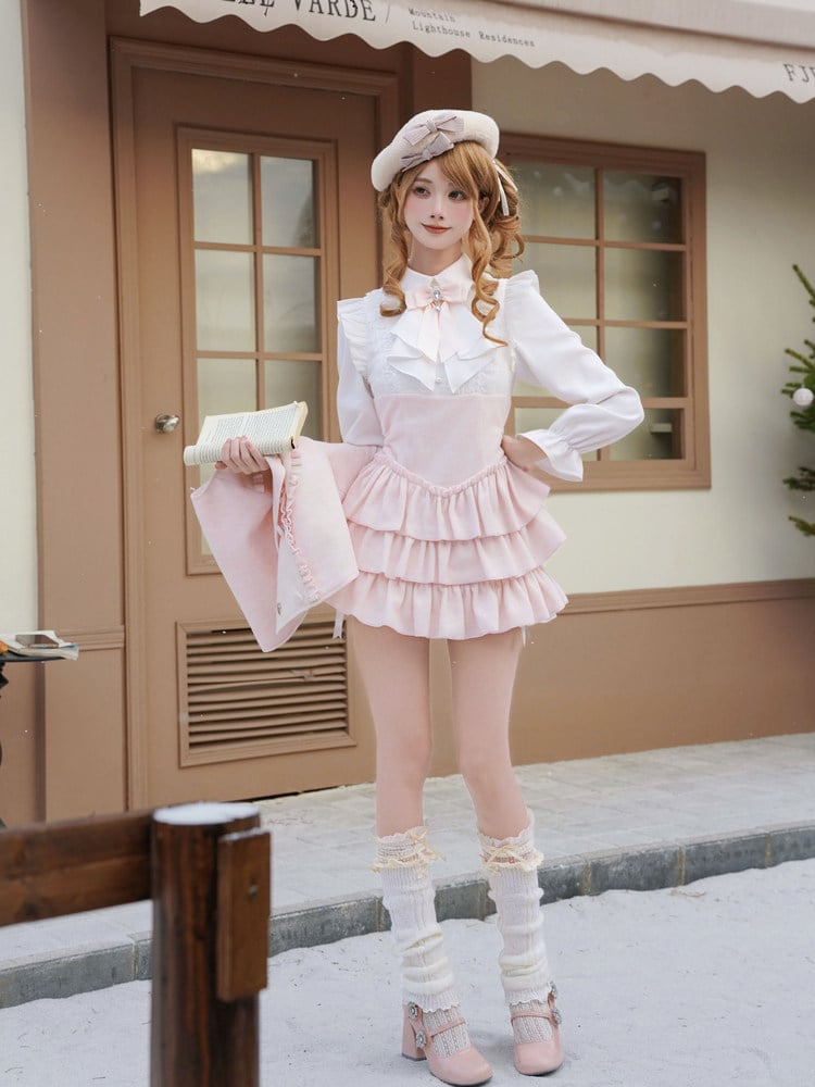 Style Two-Piece Pink Cape Ruffled Bow Jirai + Kei Design Pure Fake Dress