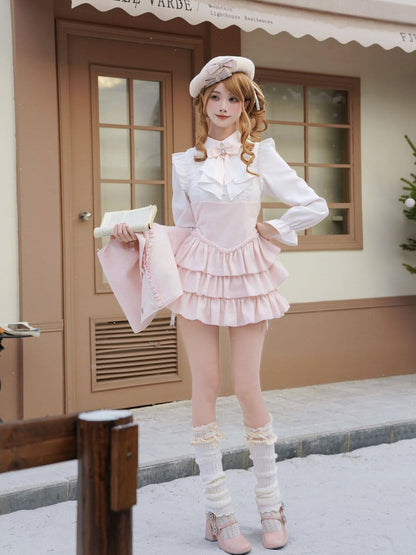 Style Two-Piece Pink Cape Ruffled Bow Jirai + Kei Design Pure Fake Dress