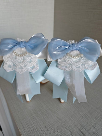 Classic Bow Elegant Embellishment Blue with White Detachable Lace Back Charm High-heel Chain Beaded Shoes