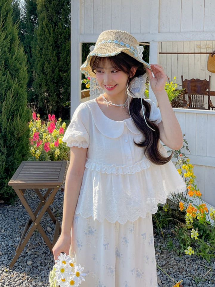 レーストリムブラウス ホワイト ピーターパンカラー パフスリーブ