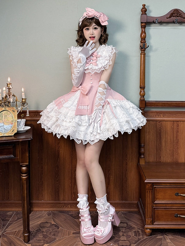 White Sleeveless Pink Dress Slim Striped Layered Neck Fabric Lolita Ruffle Sweet Waist Fit