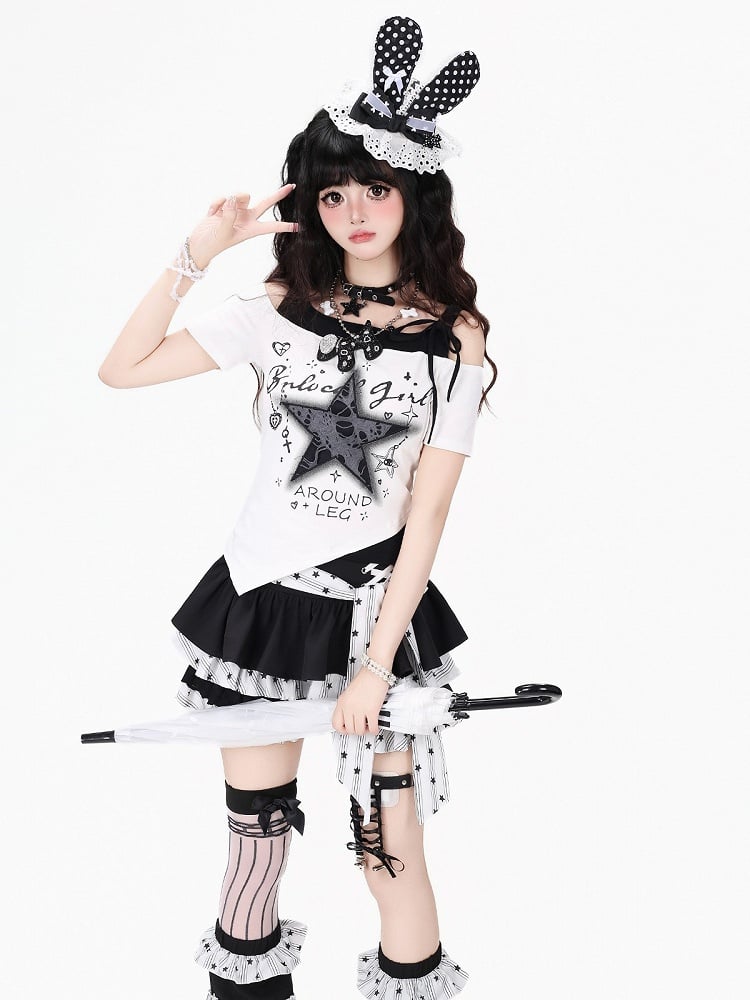 Sweet Edgy Kawaii White & Black Tiered Skirt with Star Print and Waist Tie + Matching Leg Warmers Set - CRAZY GIRL