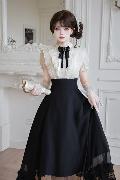 Beige Ruffled Blouse & Black Long Skirt Fake Two Pieces Lolita Dress - With PUJI