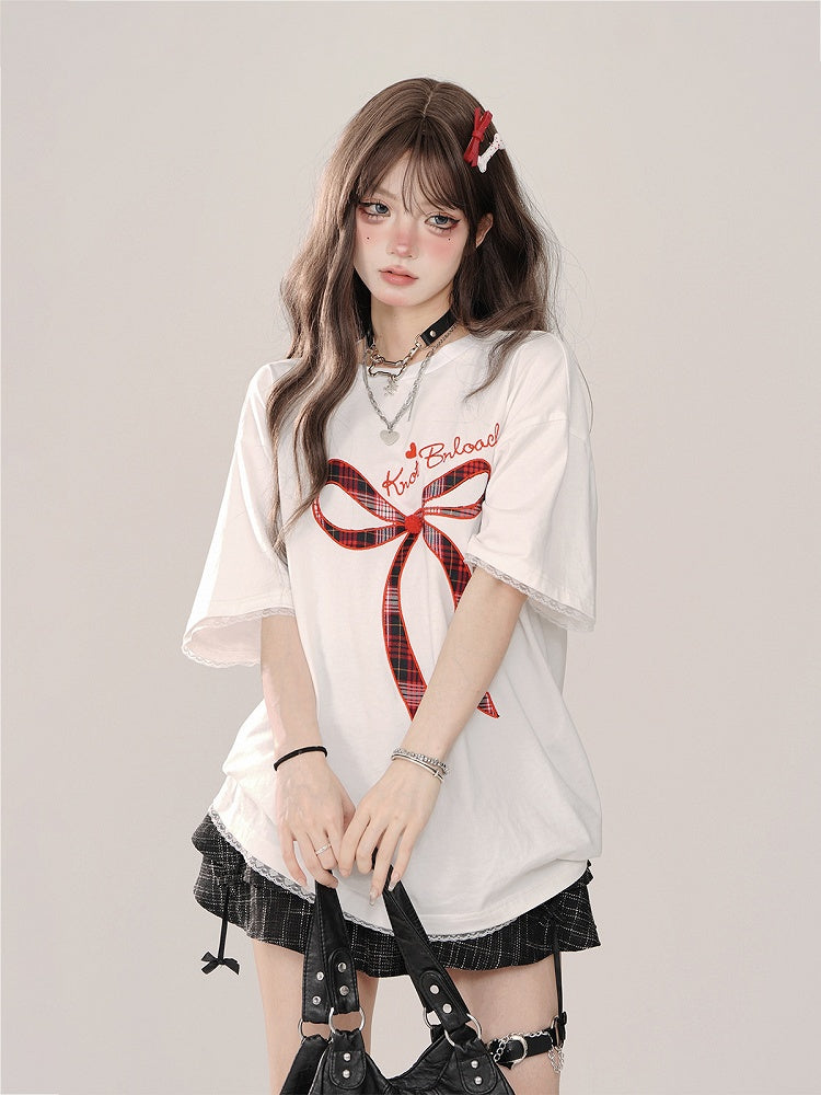 Embroidery Plaid White Oversized Lace Bow Details and T-shirt: