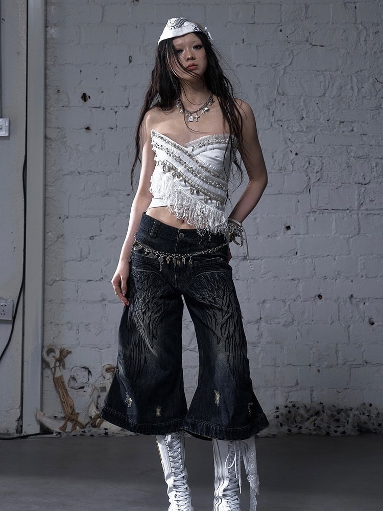 Black/White Crossover Design Bead Hem Details Fringe Baroque