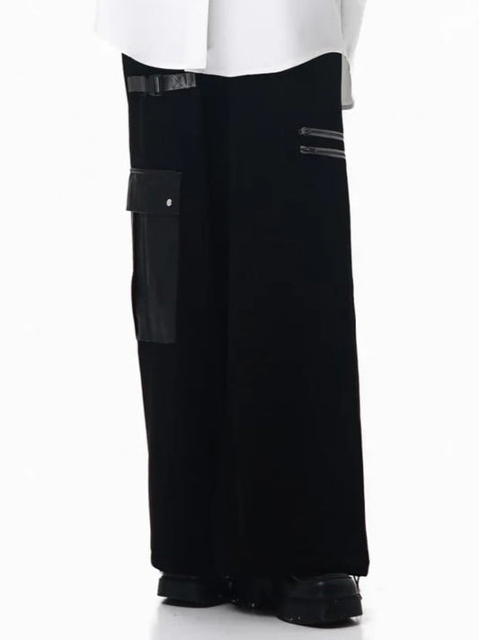 Pants and Detail Straight-Leg Utility Strap Techwear Pockets with PU Black