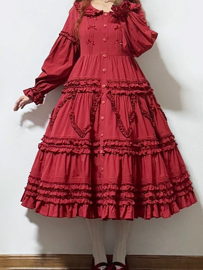 Detail Ruffle Red Elegant Sleeves with Button-Front Dress Tiered Long Lolita